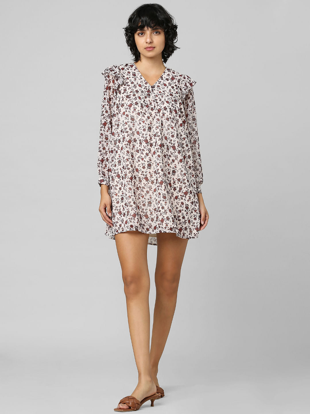 Beige Floral Mini Dress