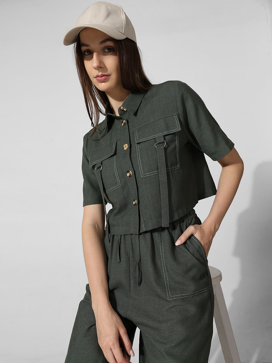 Dark Green Cropped Co-Ord Set Shirt