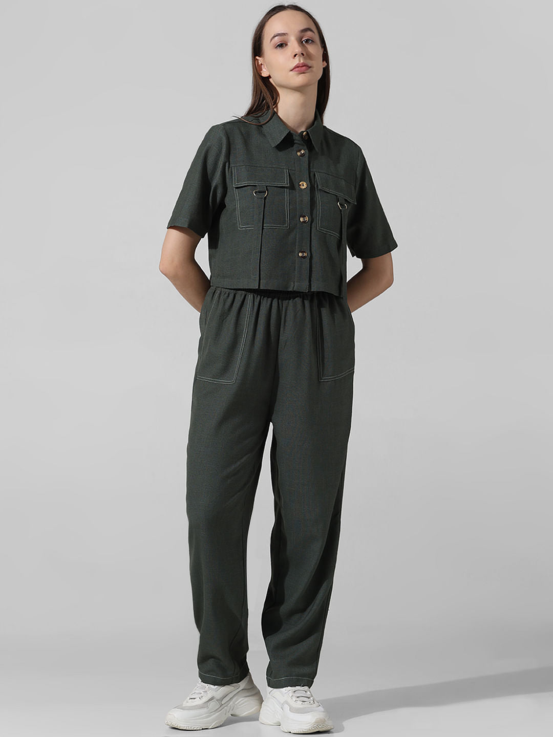Dark Green Cropped Co-Ord Set Shirt