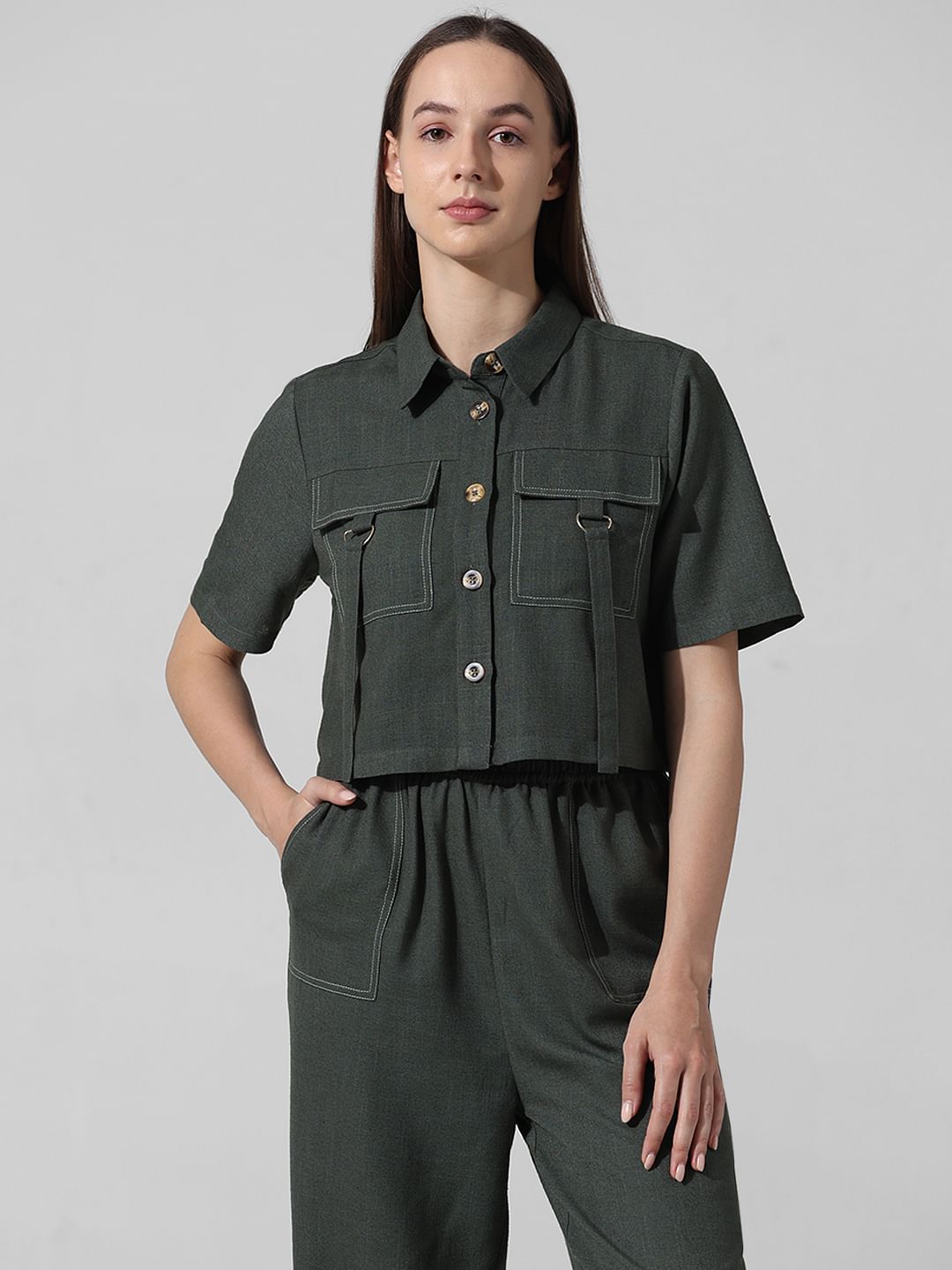 Dark Green Cropped Co-Ord Set Shirt
