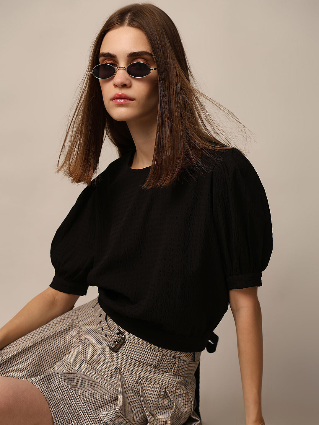 Black Textured Tie-Up Top