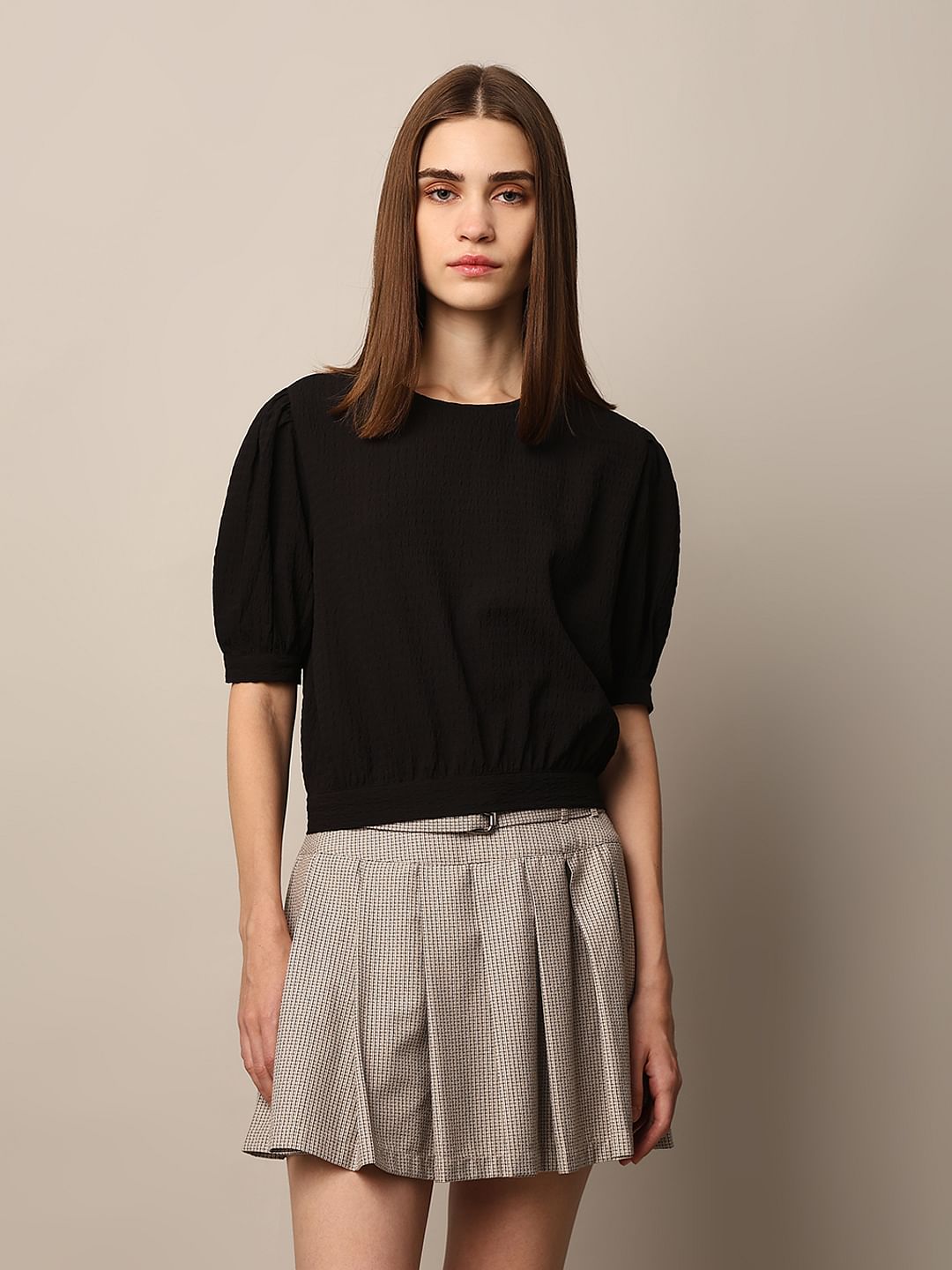 Black Textured Tie-Up Top