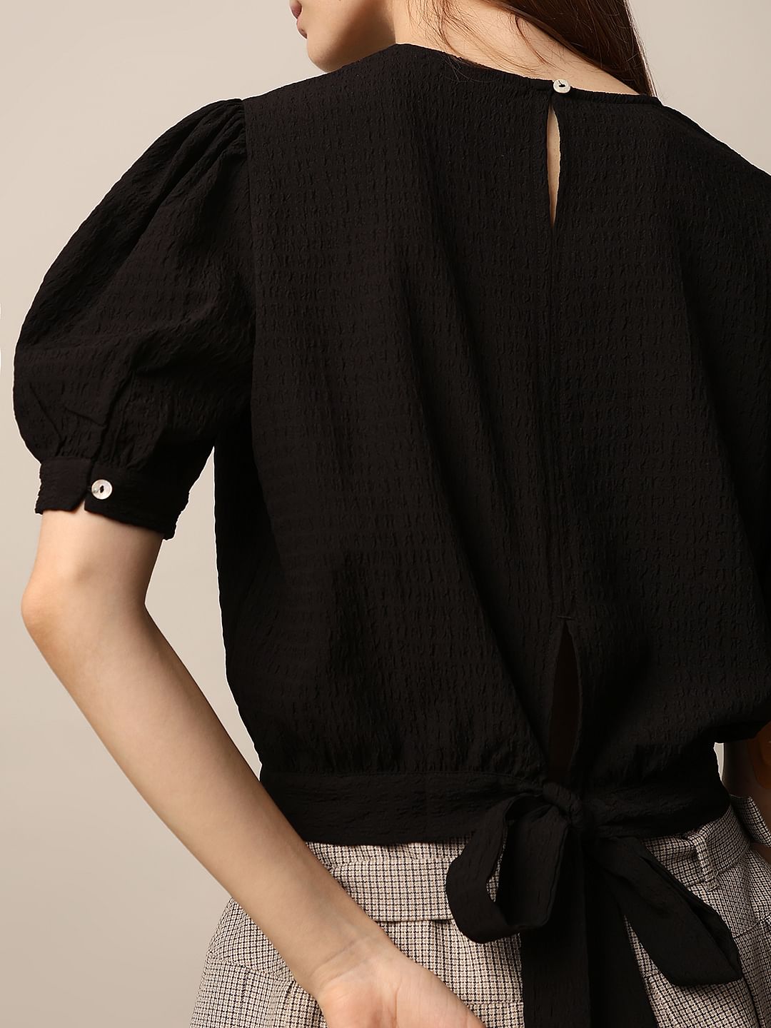 Black Textured Tie-Up Top