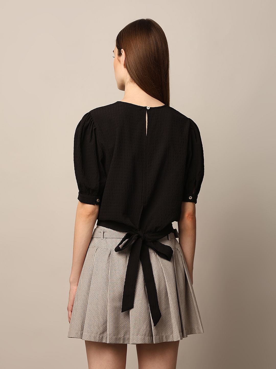Black Textured Tie-Up Top