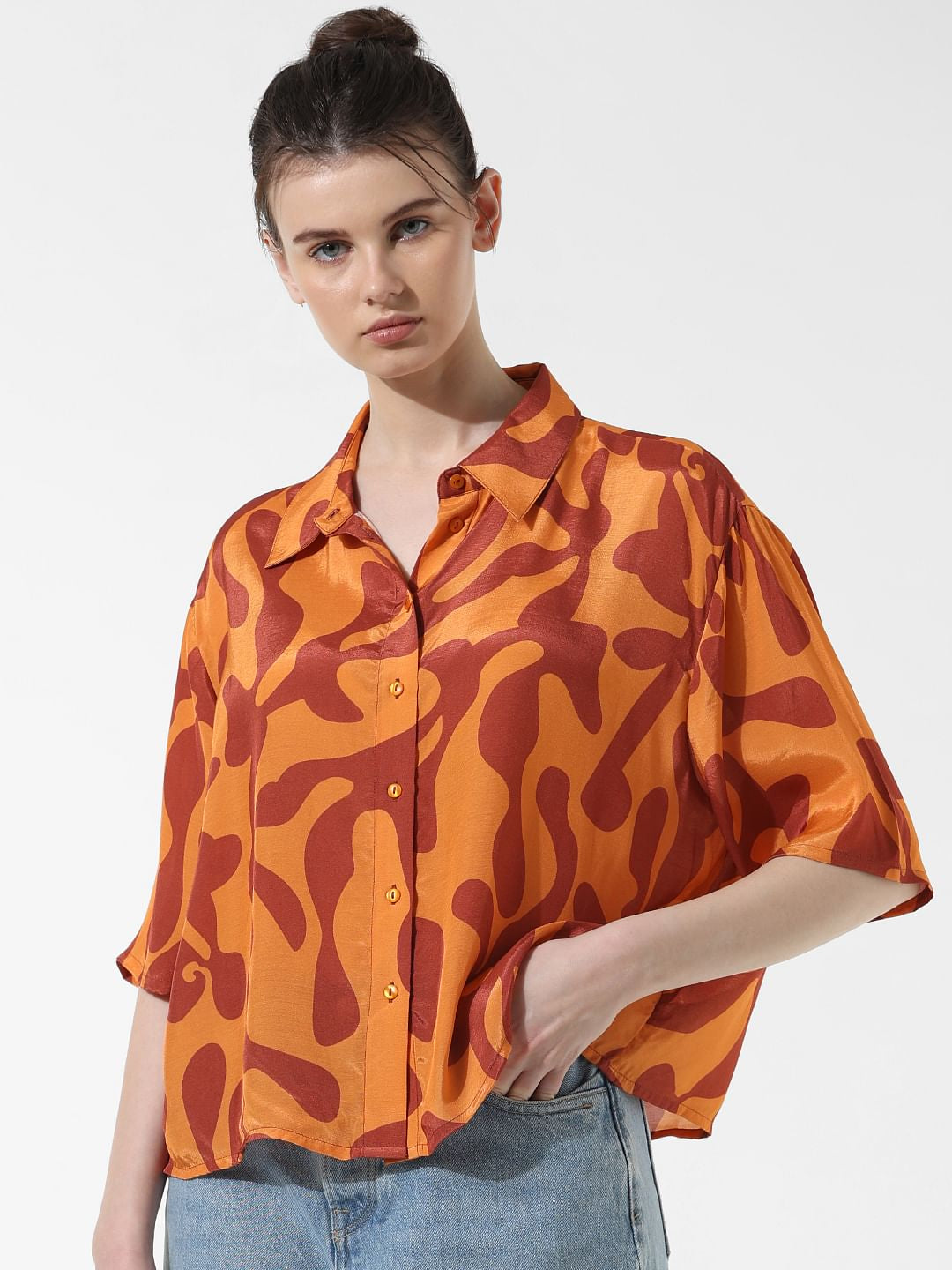 Orange Printed Viscose Shirt