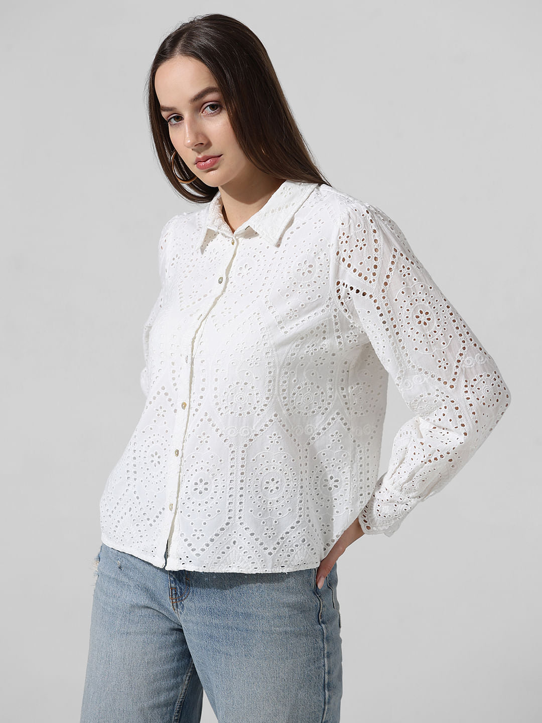 White Schiffli Cotton Shirt