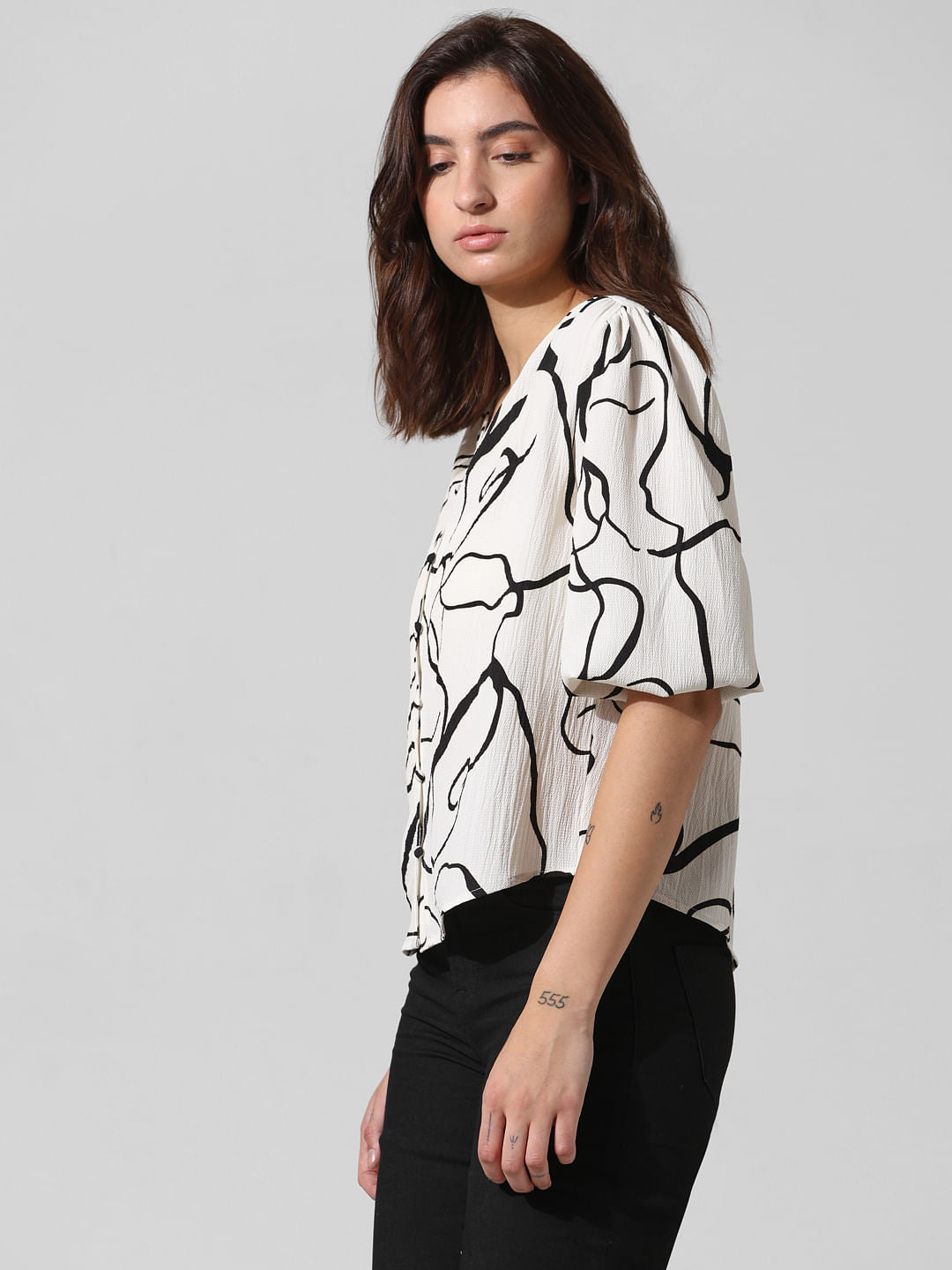 White & Black Printed Top