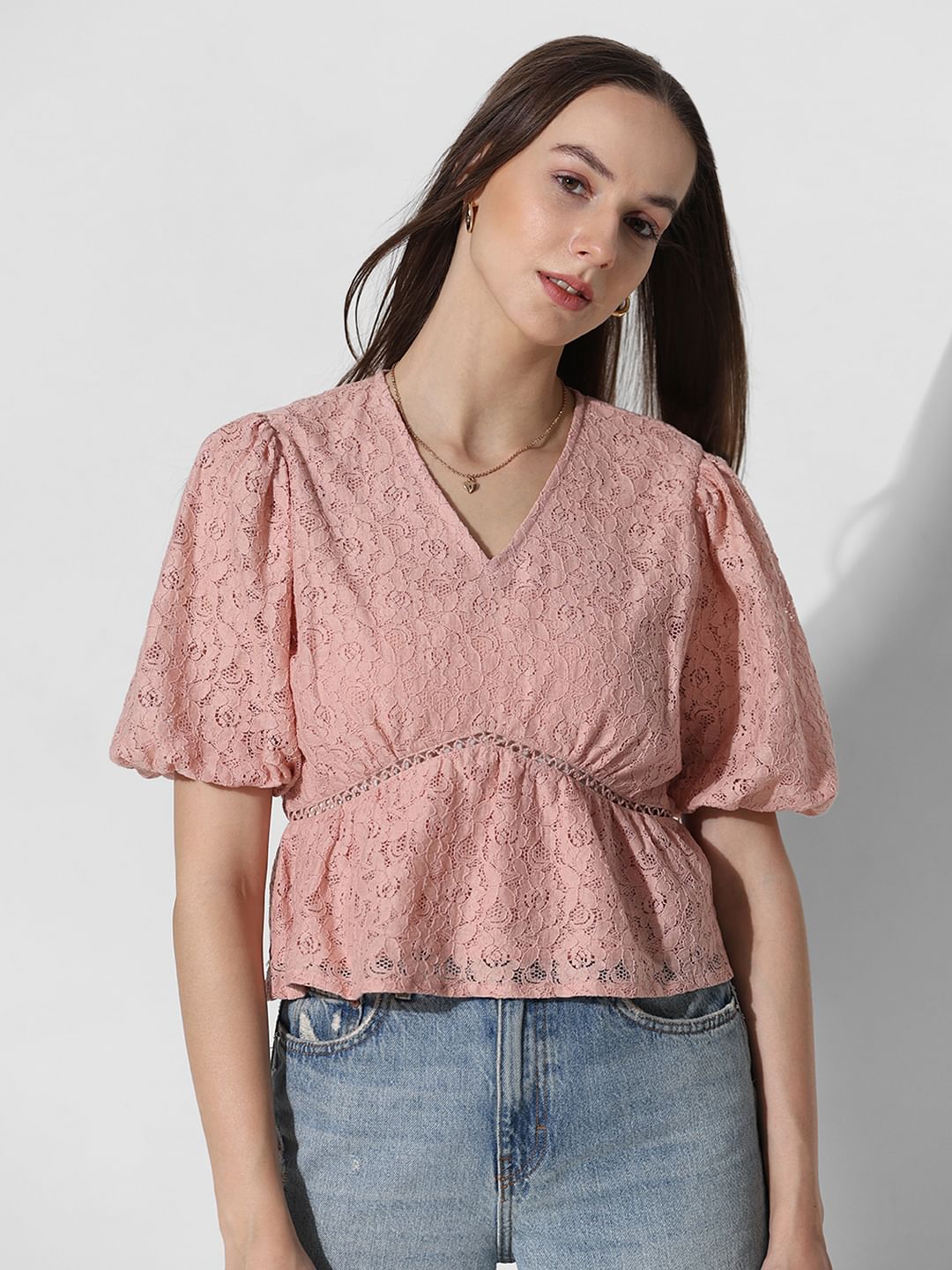 Peach Lace Puff Sleeves Top