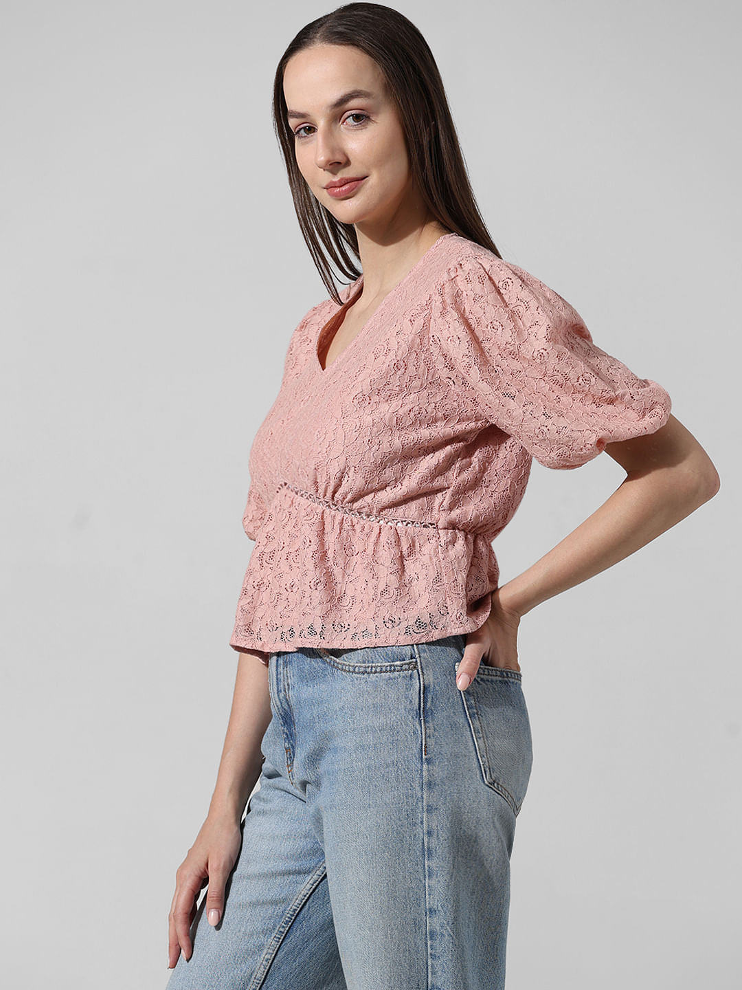 Peach Lace Puff Sleeves Top