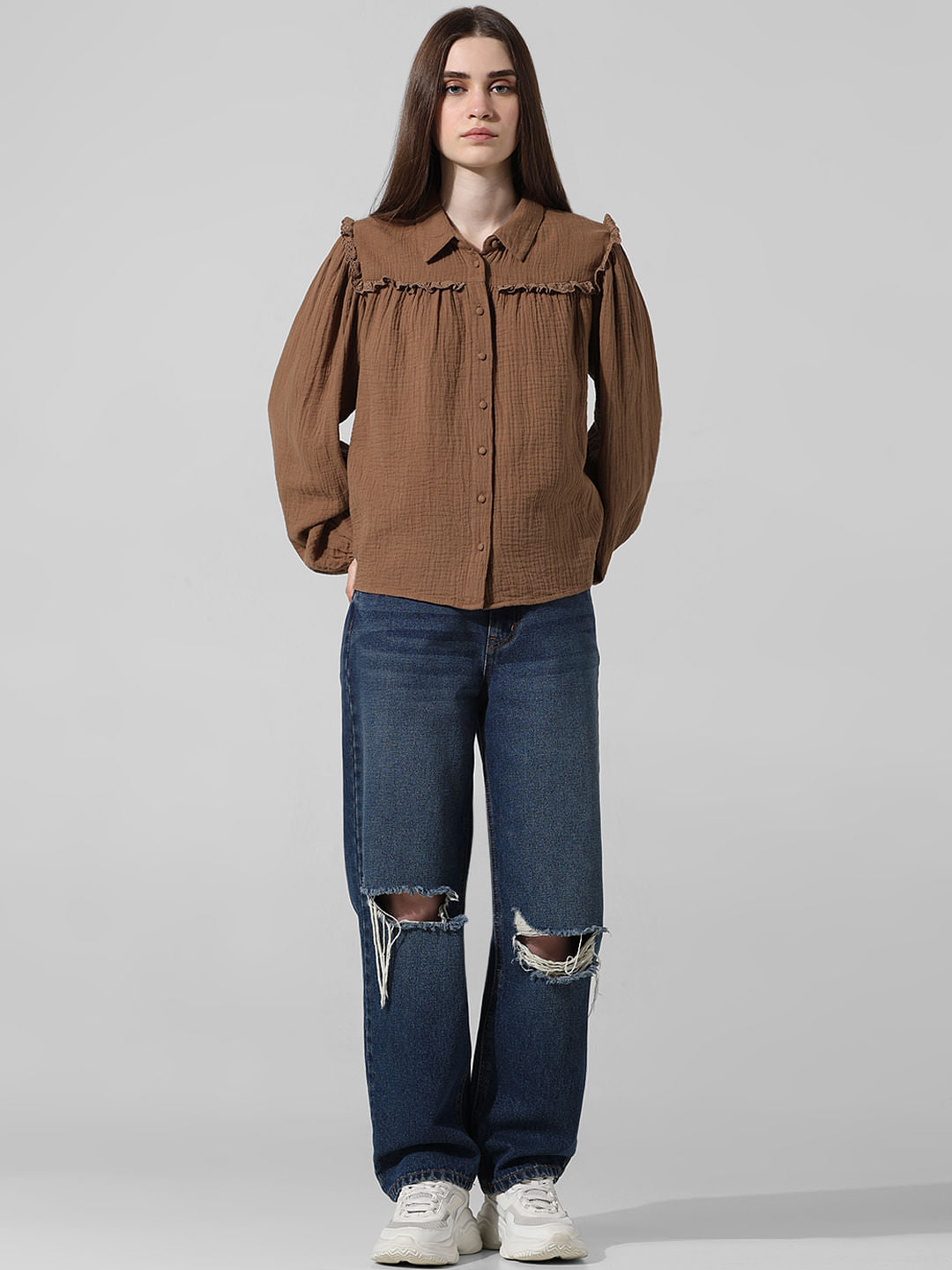 Brown Frill Trim Detail Shirt