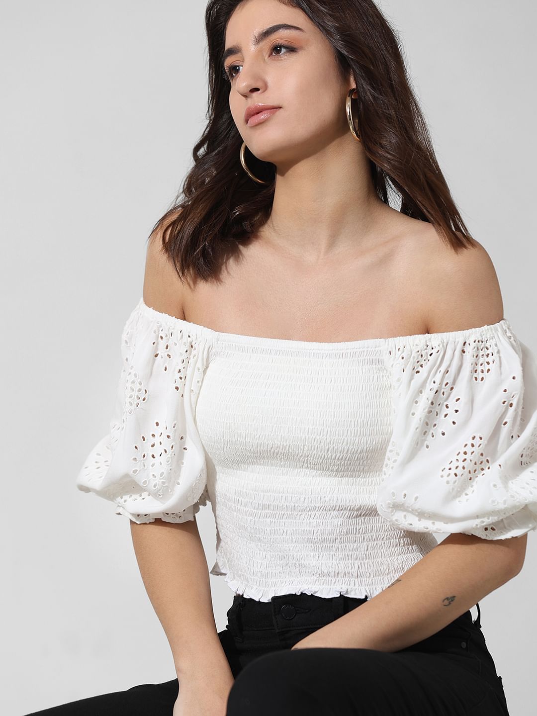 White Smocked Off-Shoulder Top