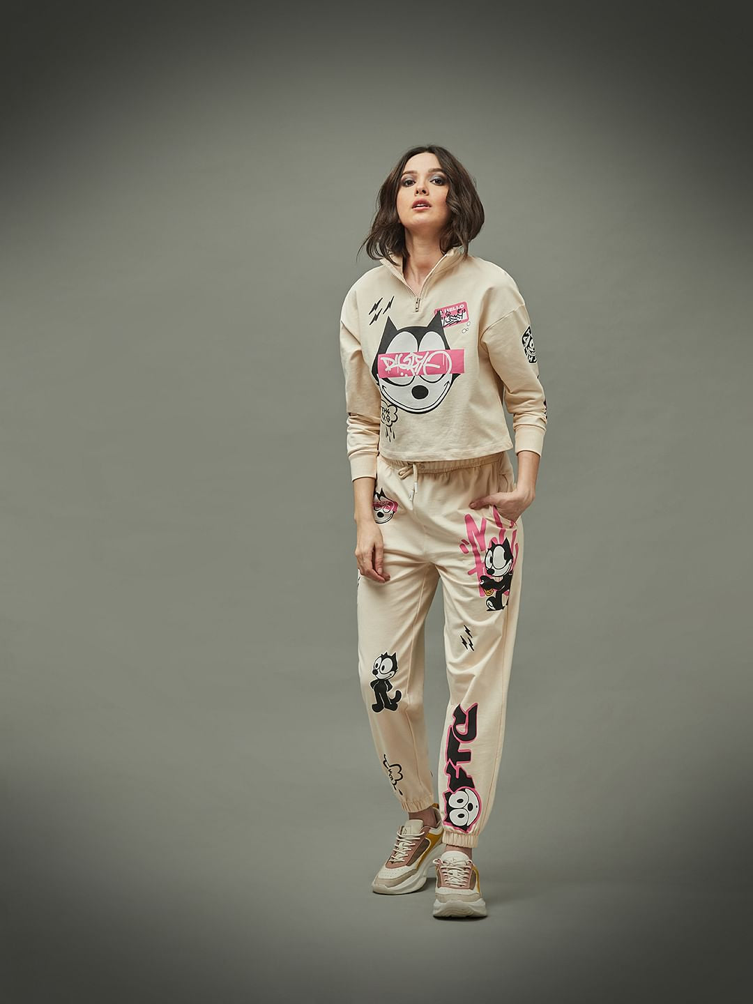 Only X Felix The Cat Beige High Rise Graphic Print Co-Ord Joggers