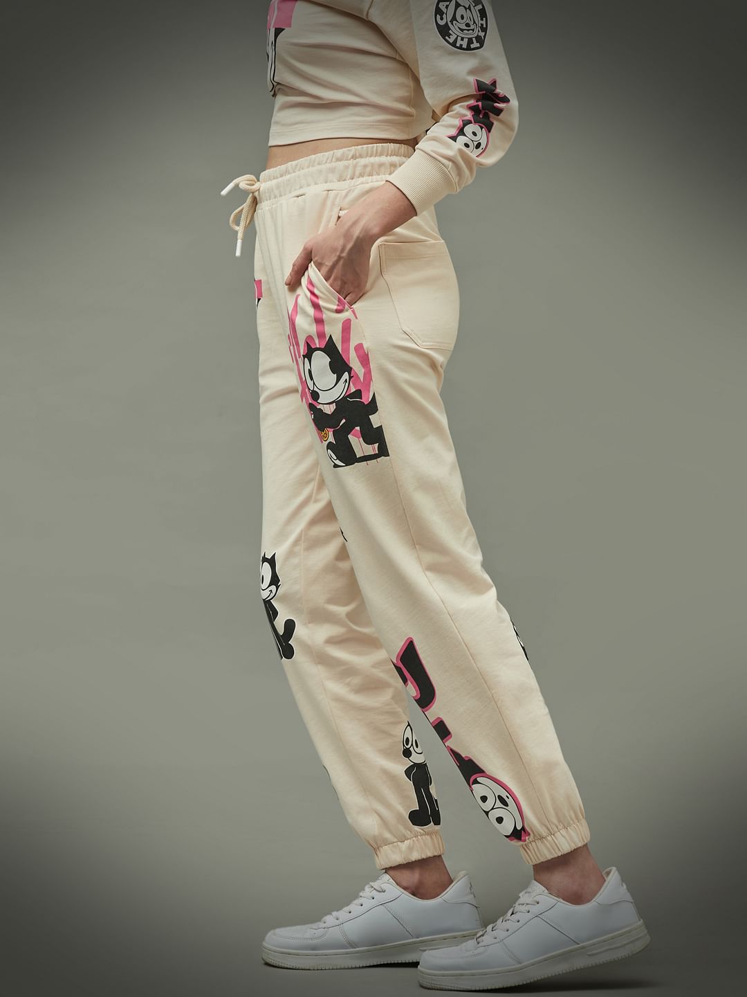 Only X Felix The Cat Beige High Rise Graphic Print Co-Ord Joggers