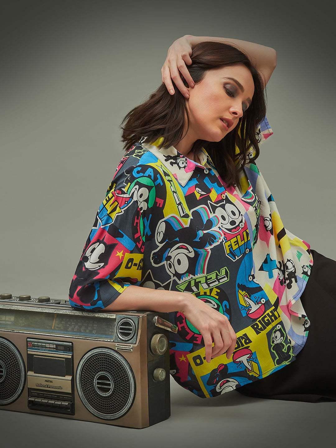 Only X Felix The Cat Black Colourblocked Printed Shirt