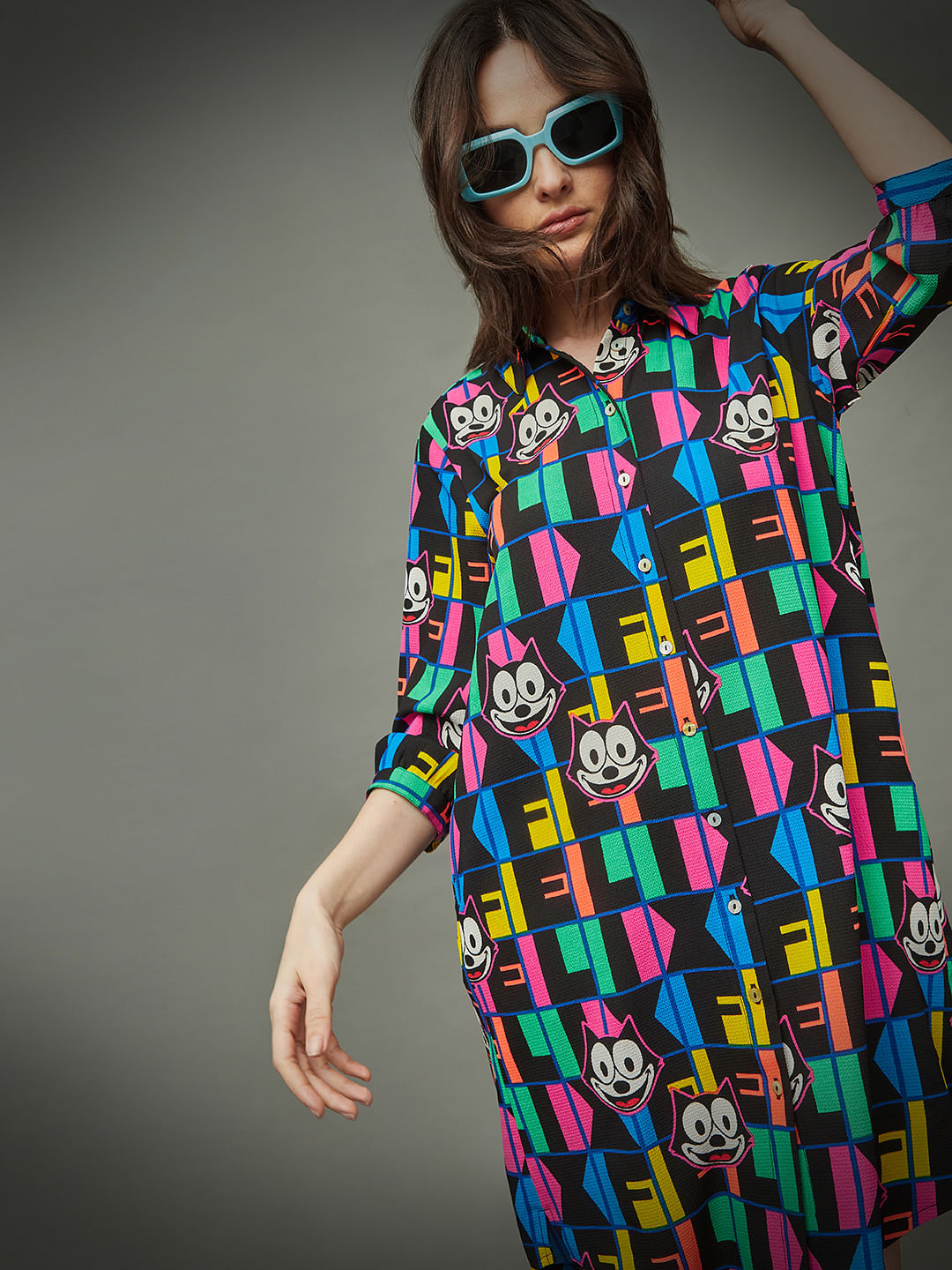 Only X Felix The Cat Black Colourblocked Shirt Dress