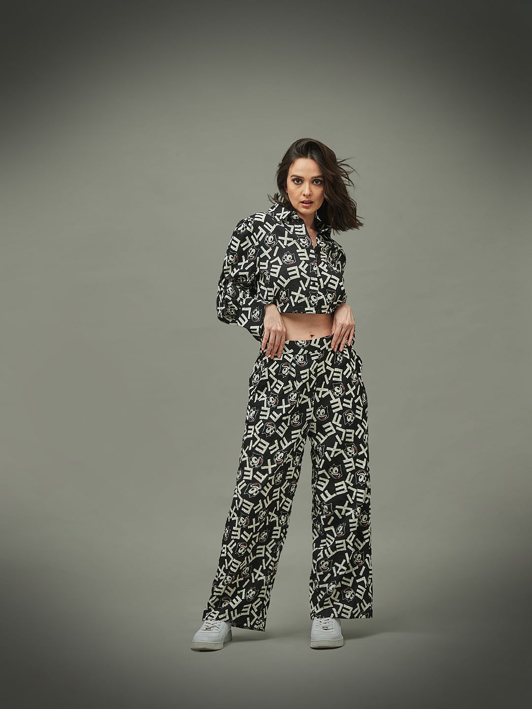 Only X Felix The Cat Black Crinkled Cropped Co-Ord Shirt