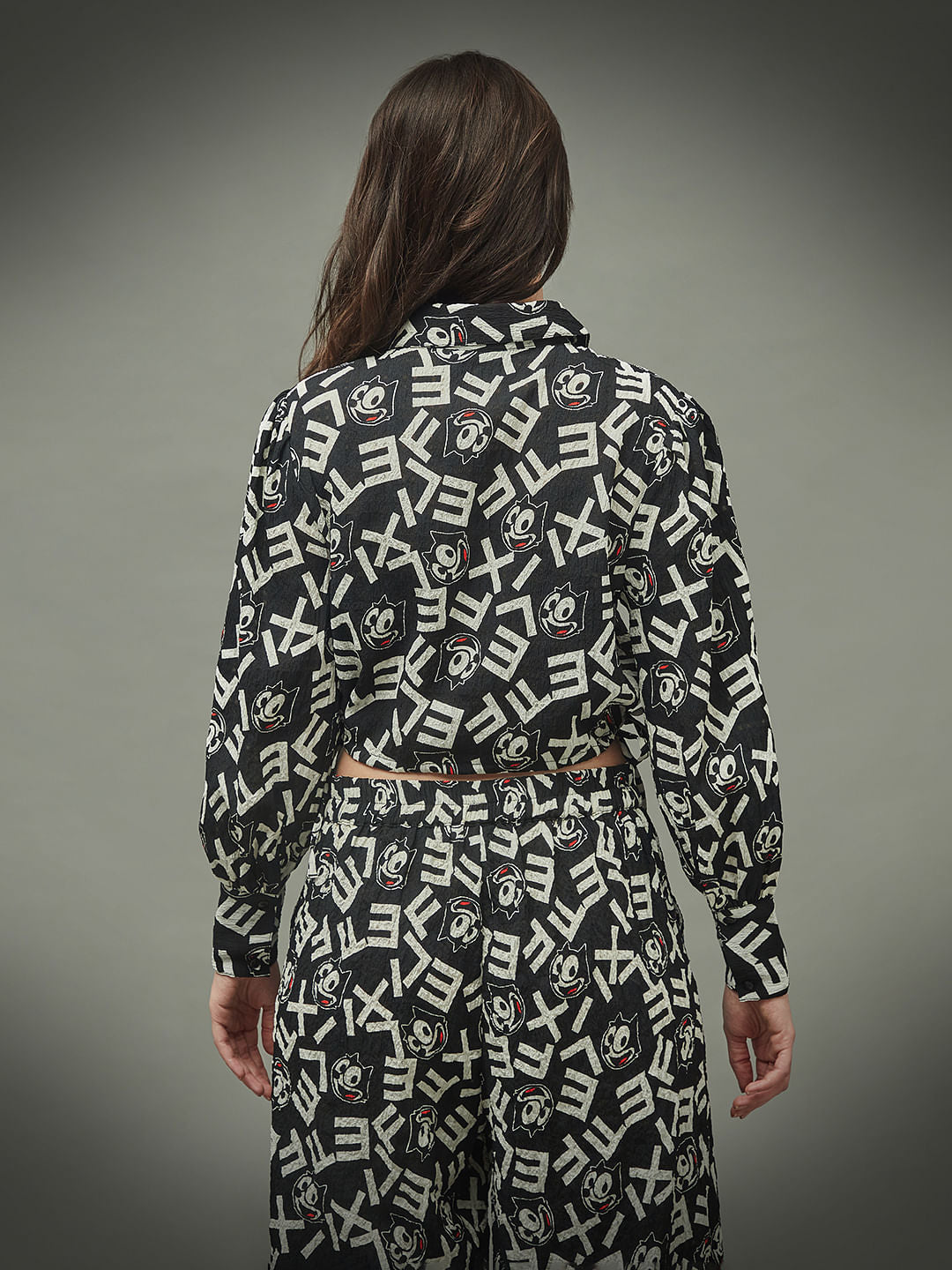 Only X Felix The Cat Black Crinkled Cropped Co-Ord Shirt