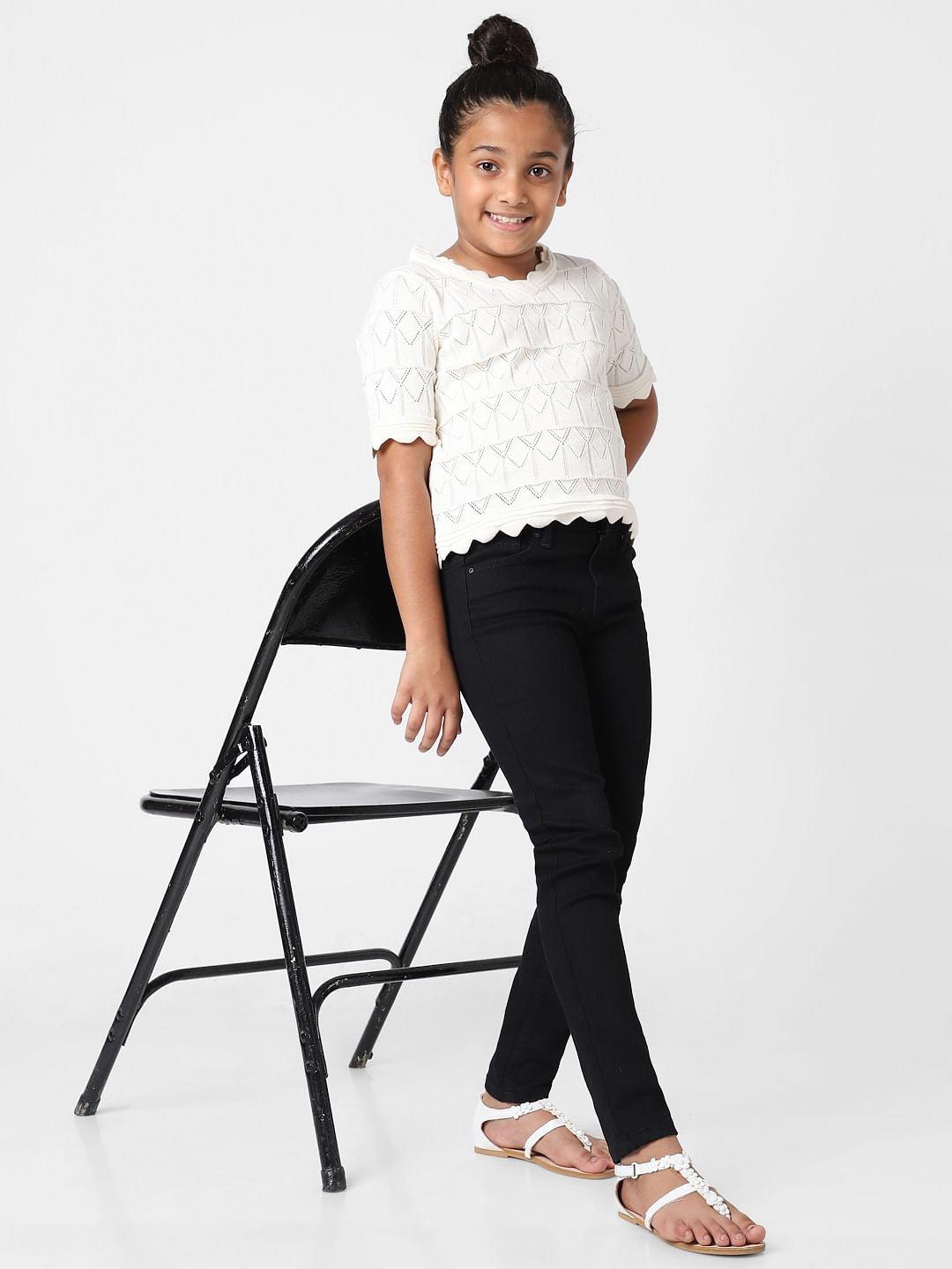 Girls White Pointelle Knit Top