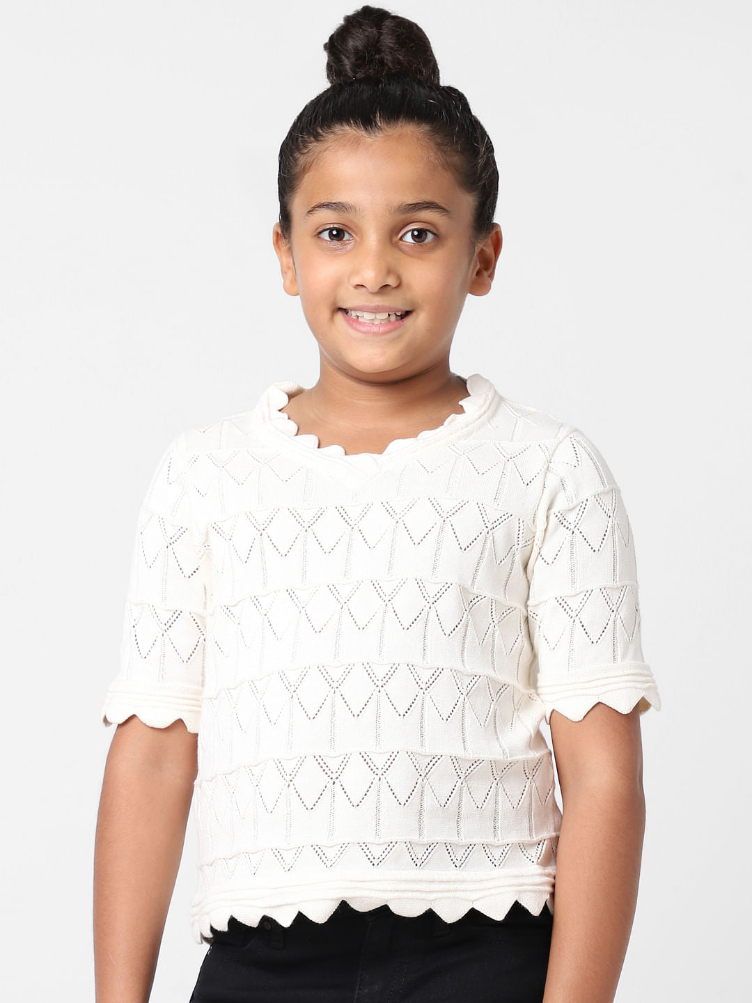 Girls White Pointelle Knit Top