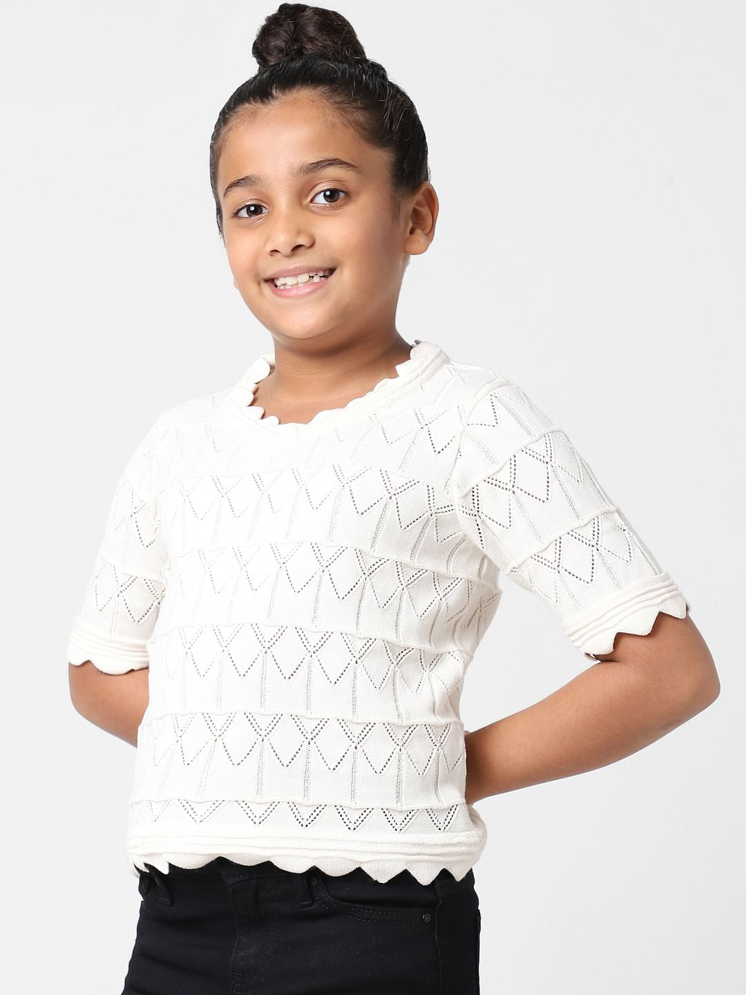Girls White Pointelle Knit Top