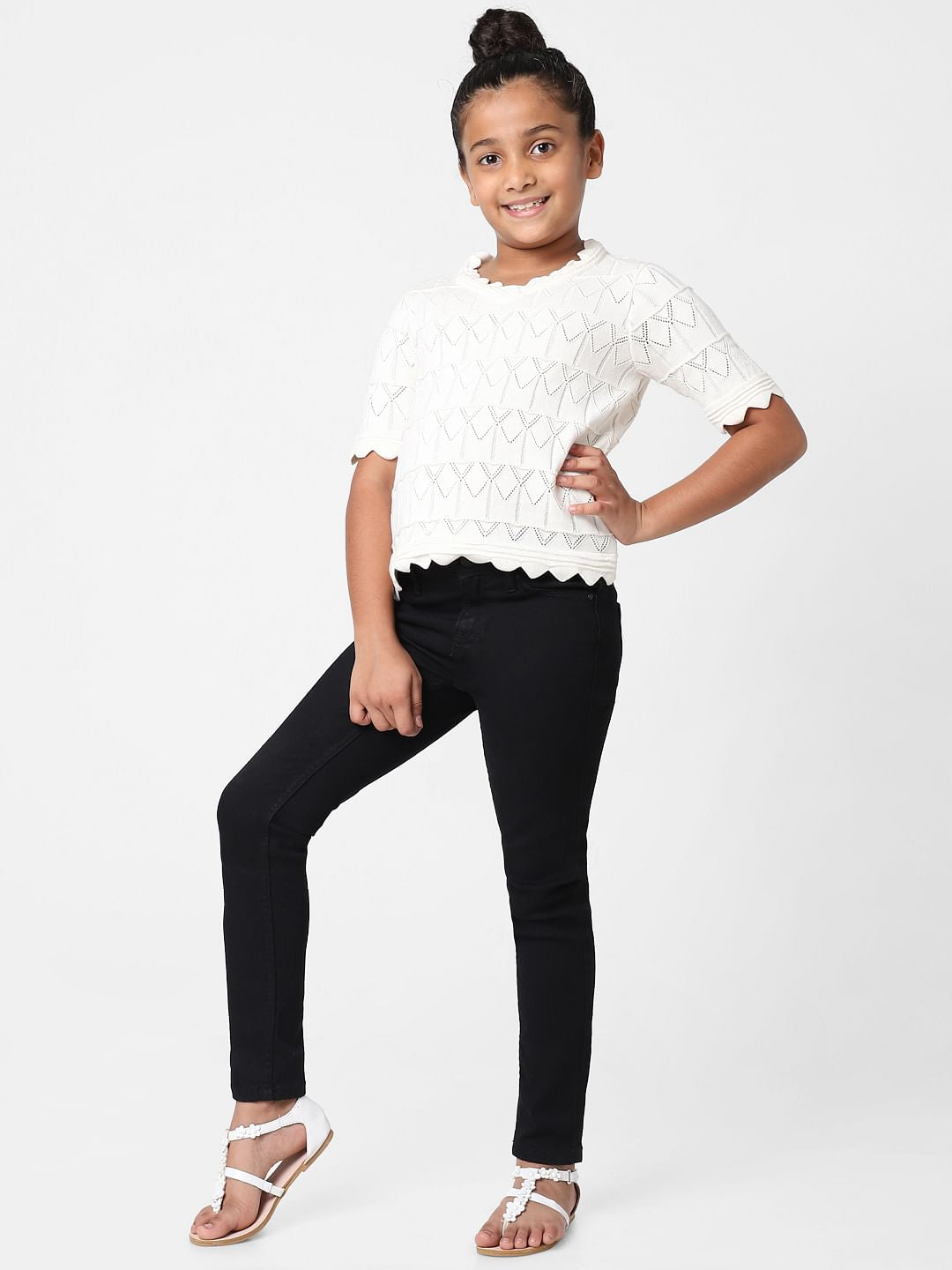 Girls White Pointelle Knit Top