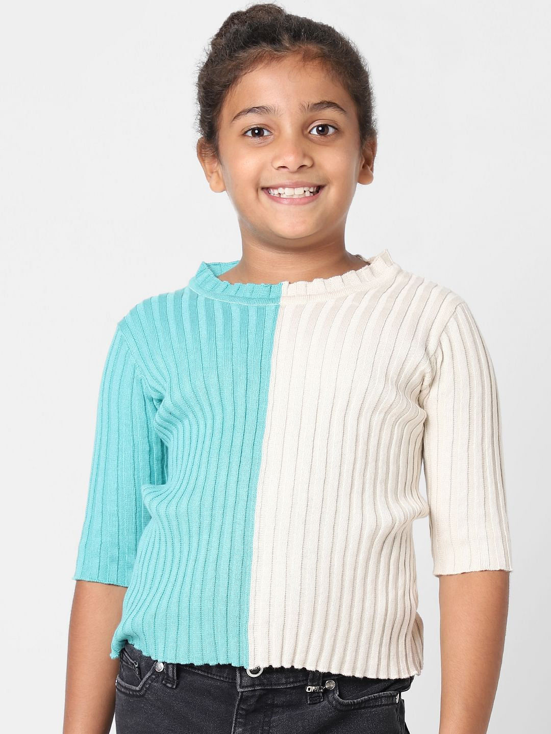 Girls Beige Colourblocked Flat Knit Top