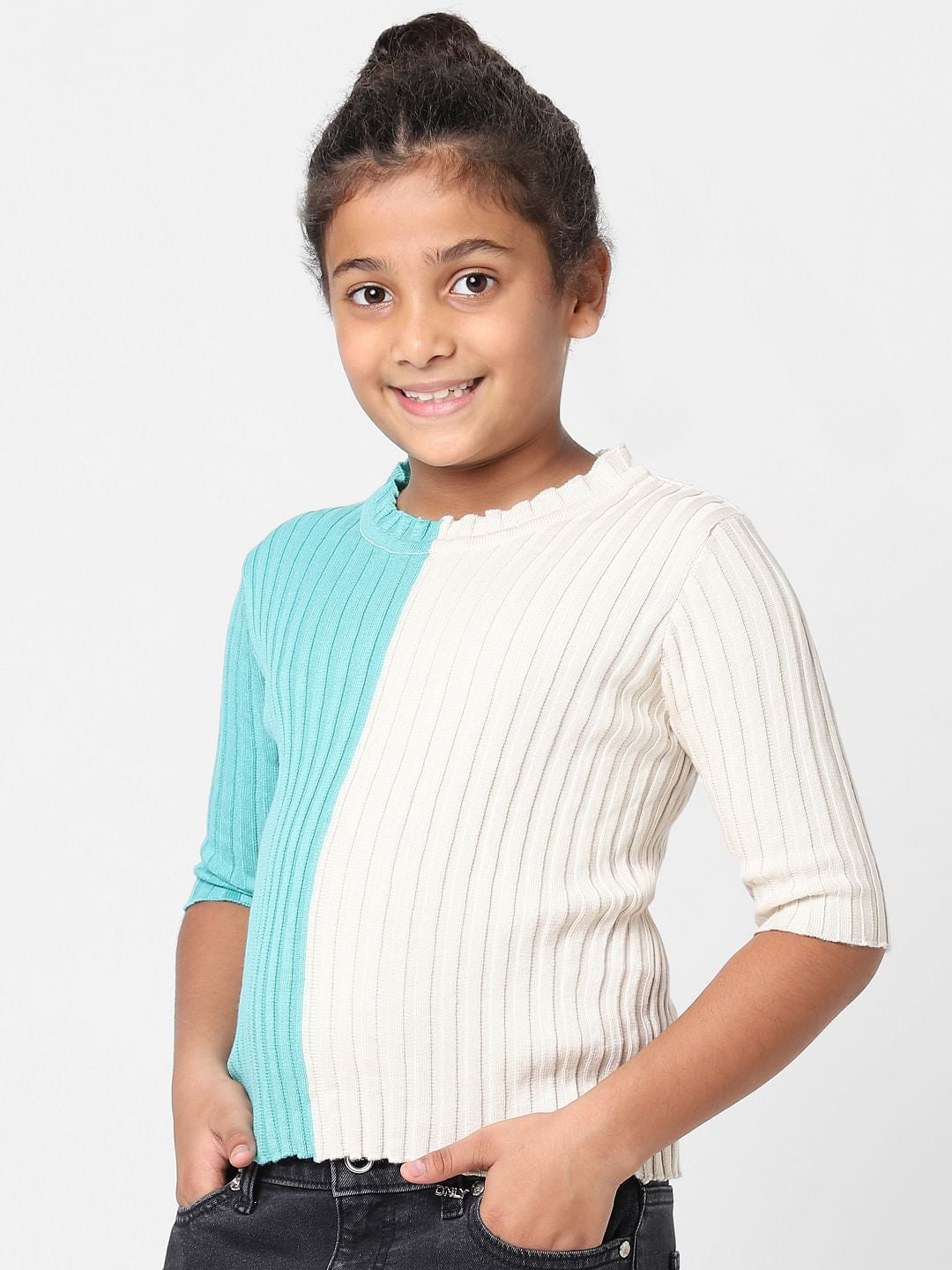 Girls Beige Colourblocked Flat Knit Top