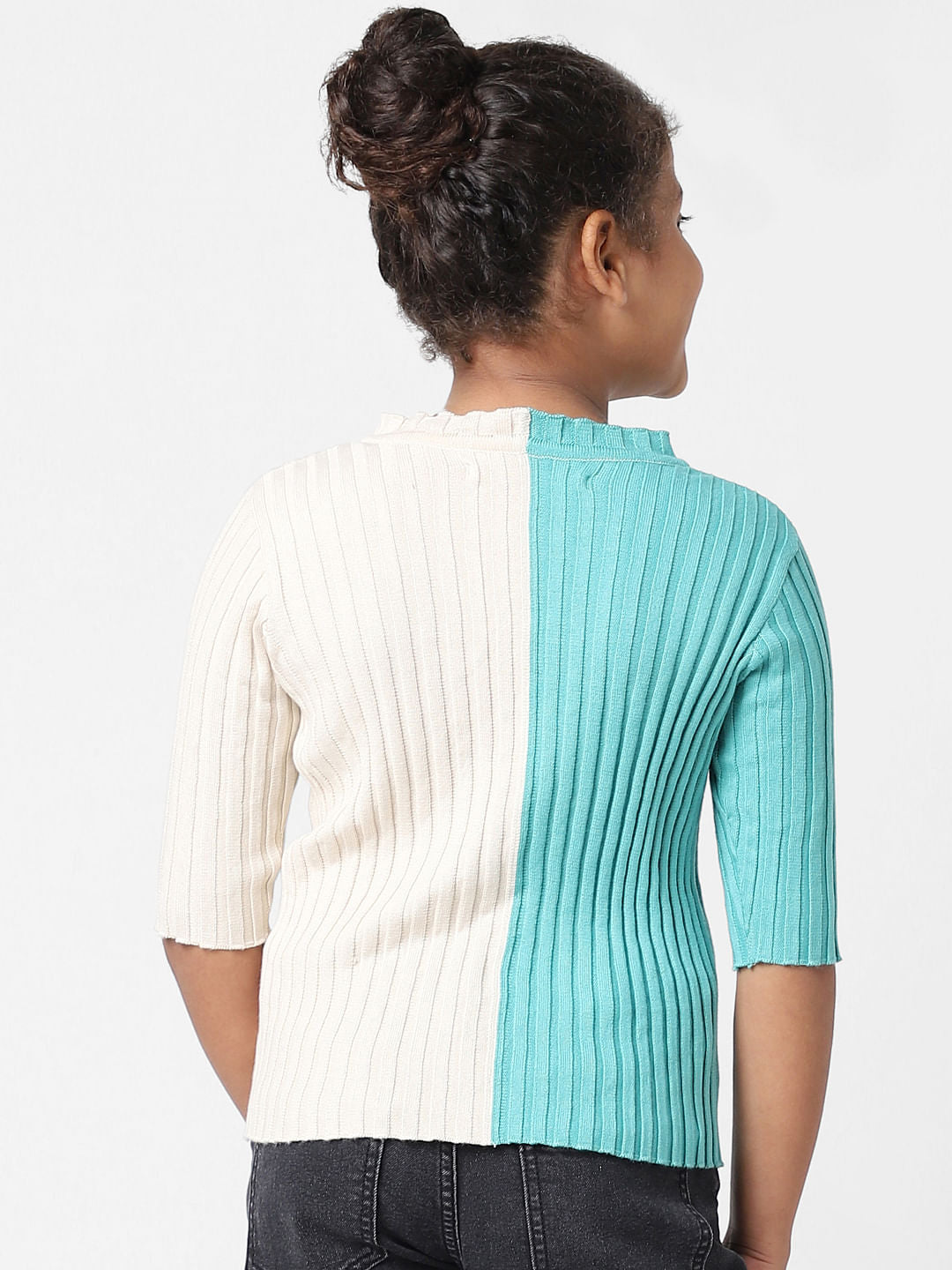 Girls Beige Colourblocked Flat Knit Top