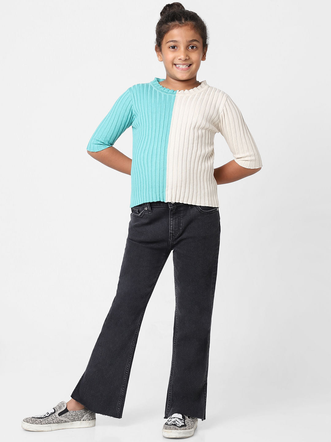 Girls Beige Colourblocked Flat Knit Top