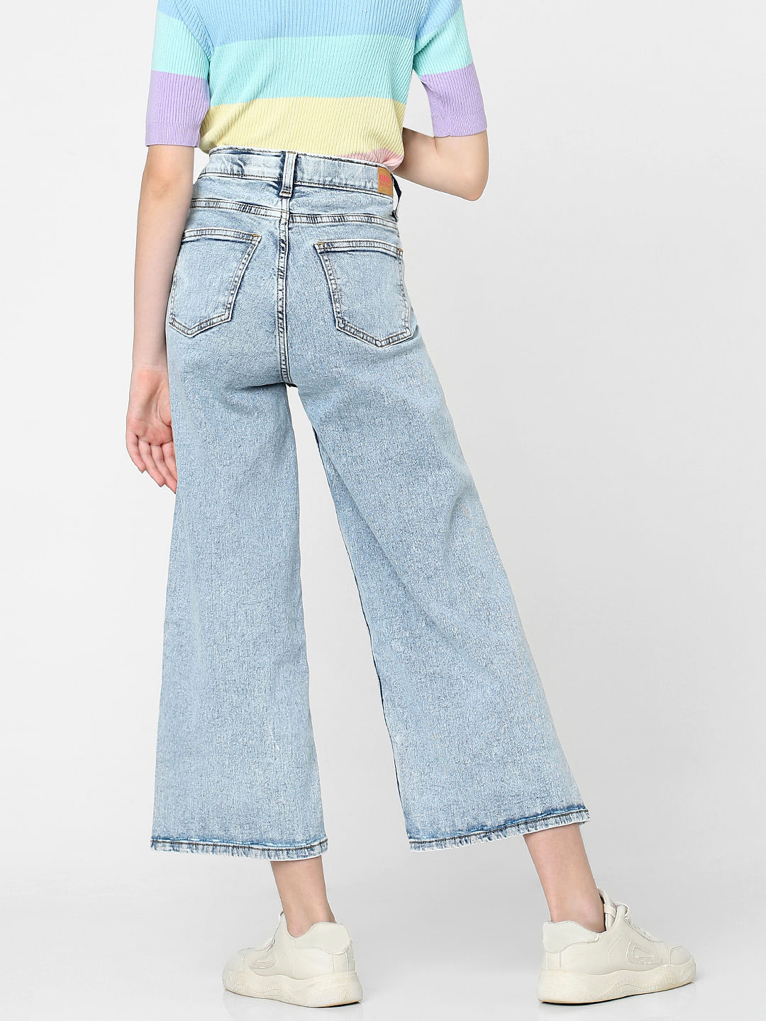 Blue High Rise Distressed Wide Leg Jeans