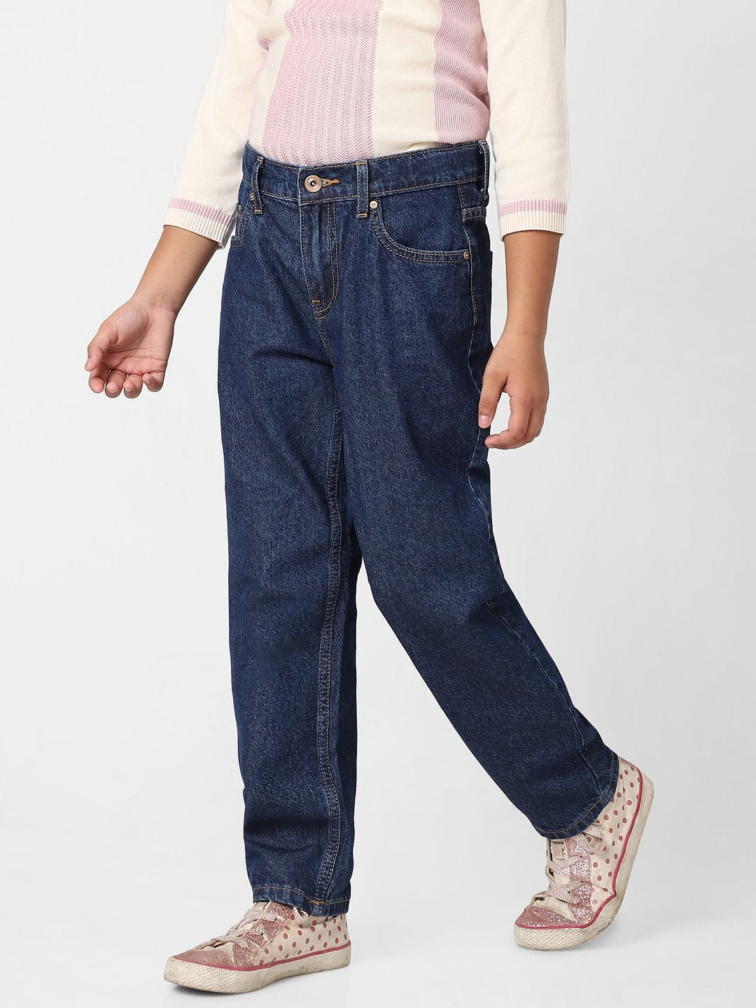 Girls Blue Mid Rise Mom Fit Jeans