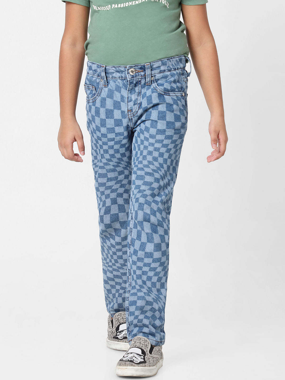 Girls Blue Mid Rise Check Print Straight Fit Jeans