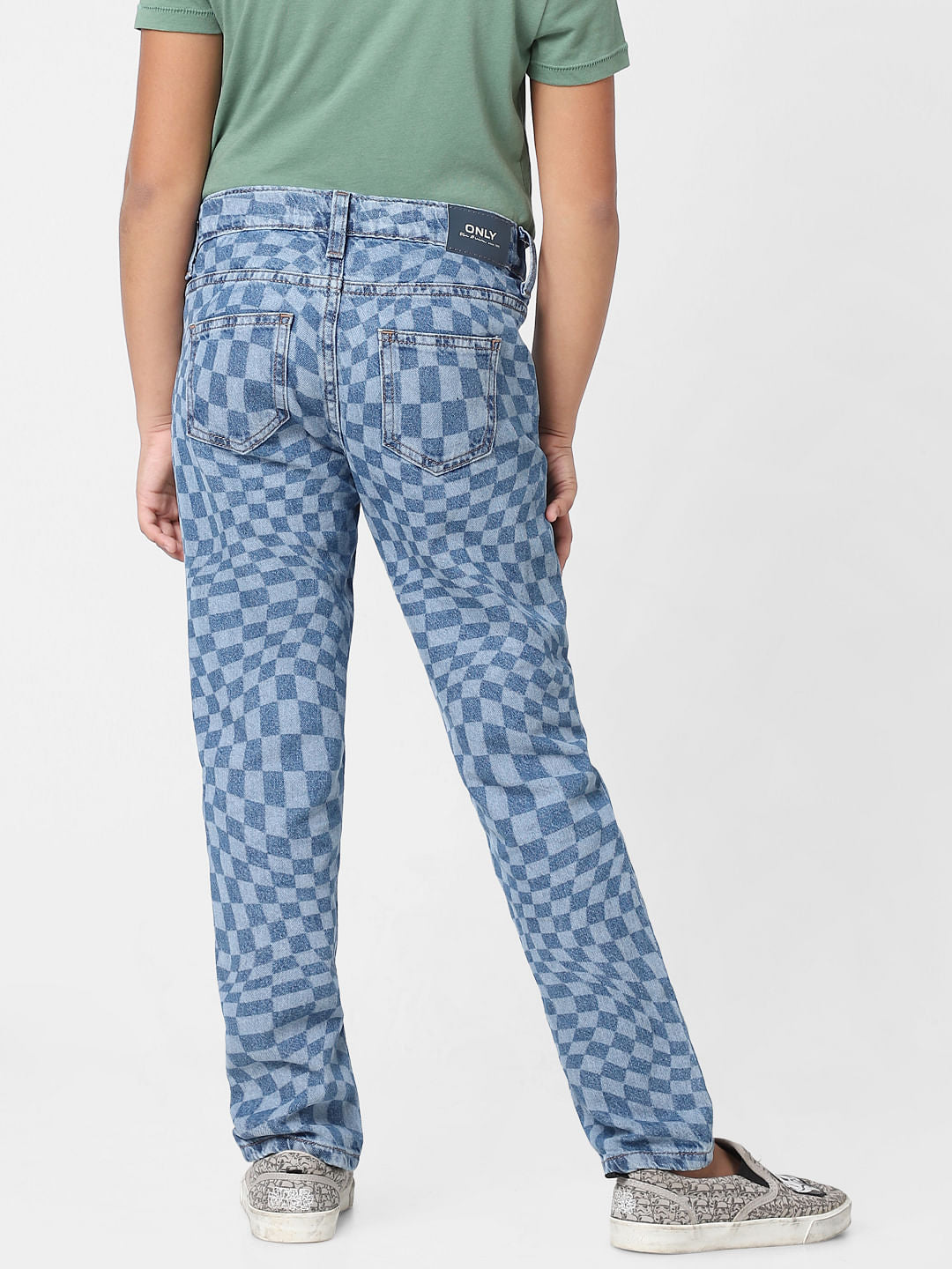 Girls Blue Mid Rise Check Print Straight Fit Jeans