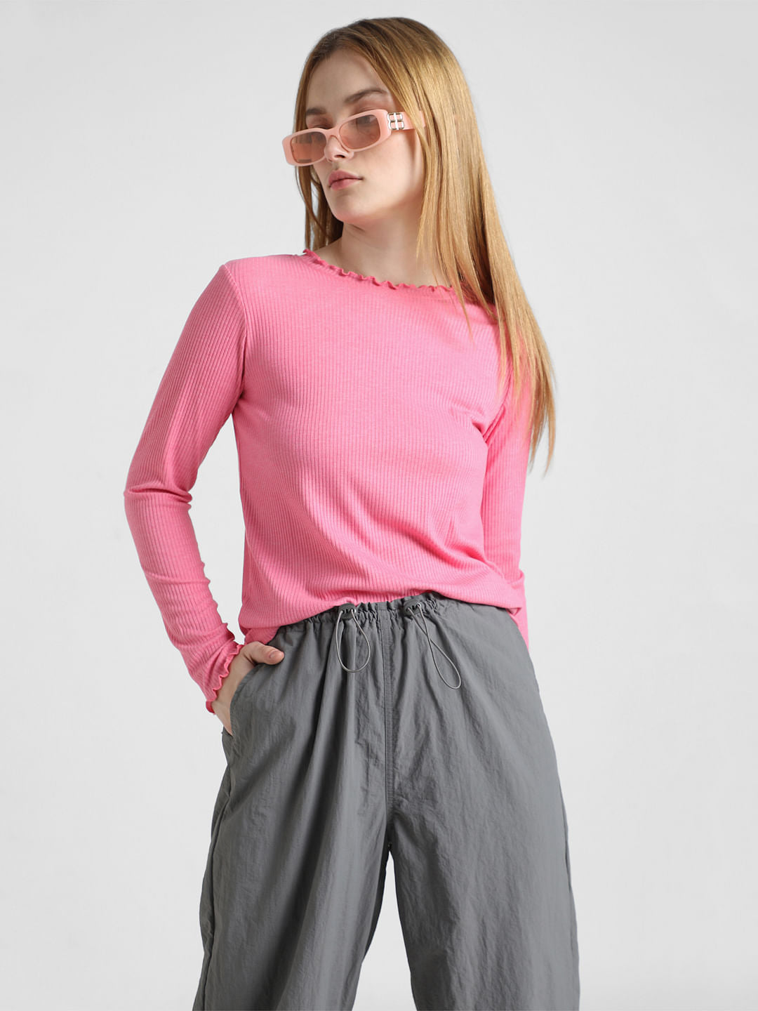 Pink High Neck Ribbed T-Shirt