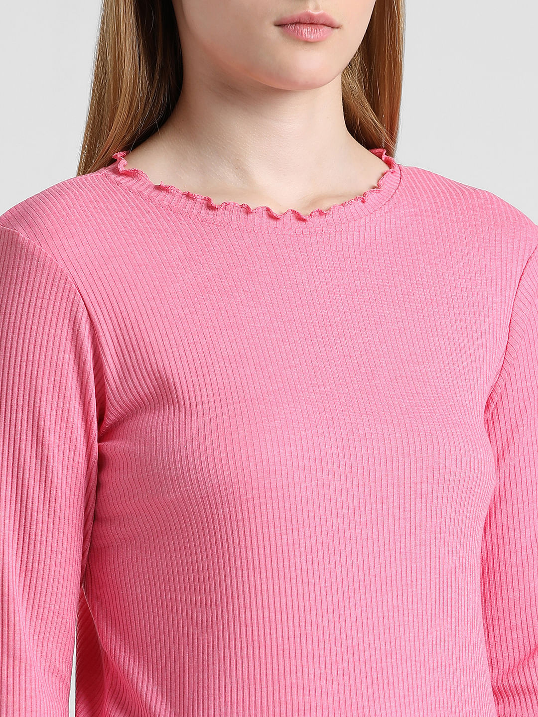 Pink High Neck Ribbed T-Shirt