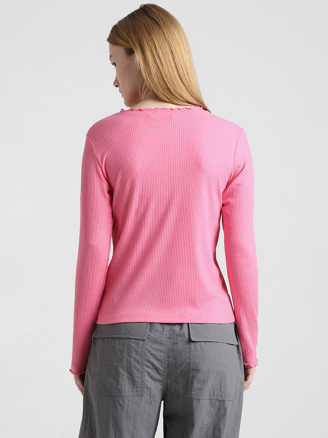Pink High Neck Ribbed T-Shirt