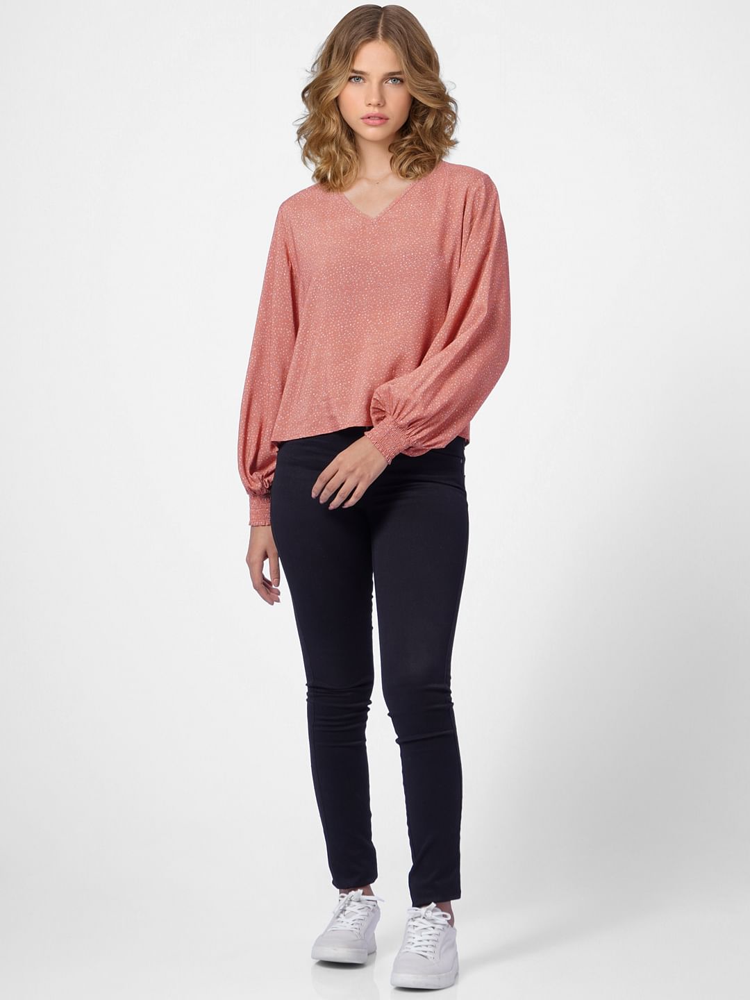 Brown All Over Print V-Neck Top