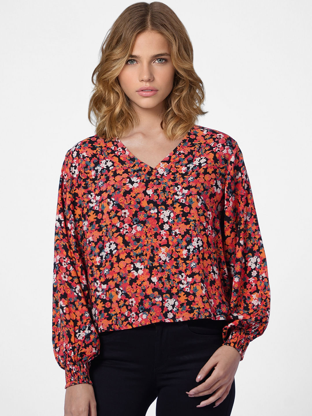 Black All Over Print V-Neck Top
