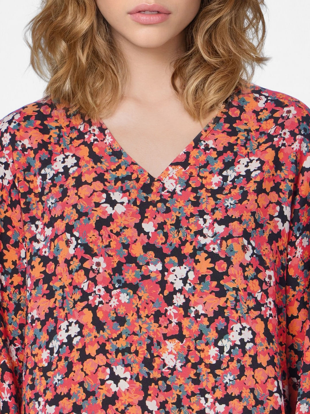 Black All Over Print V-Neck Top