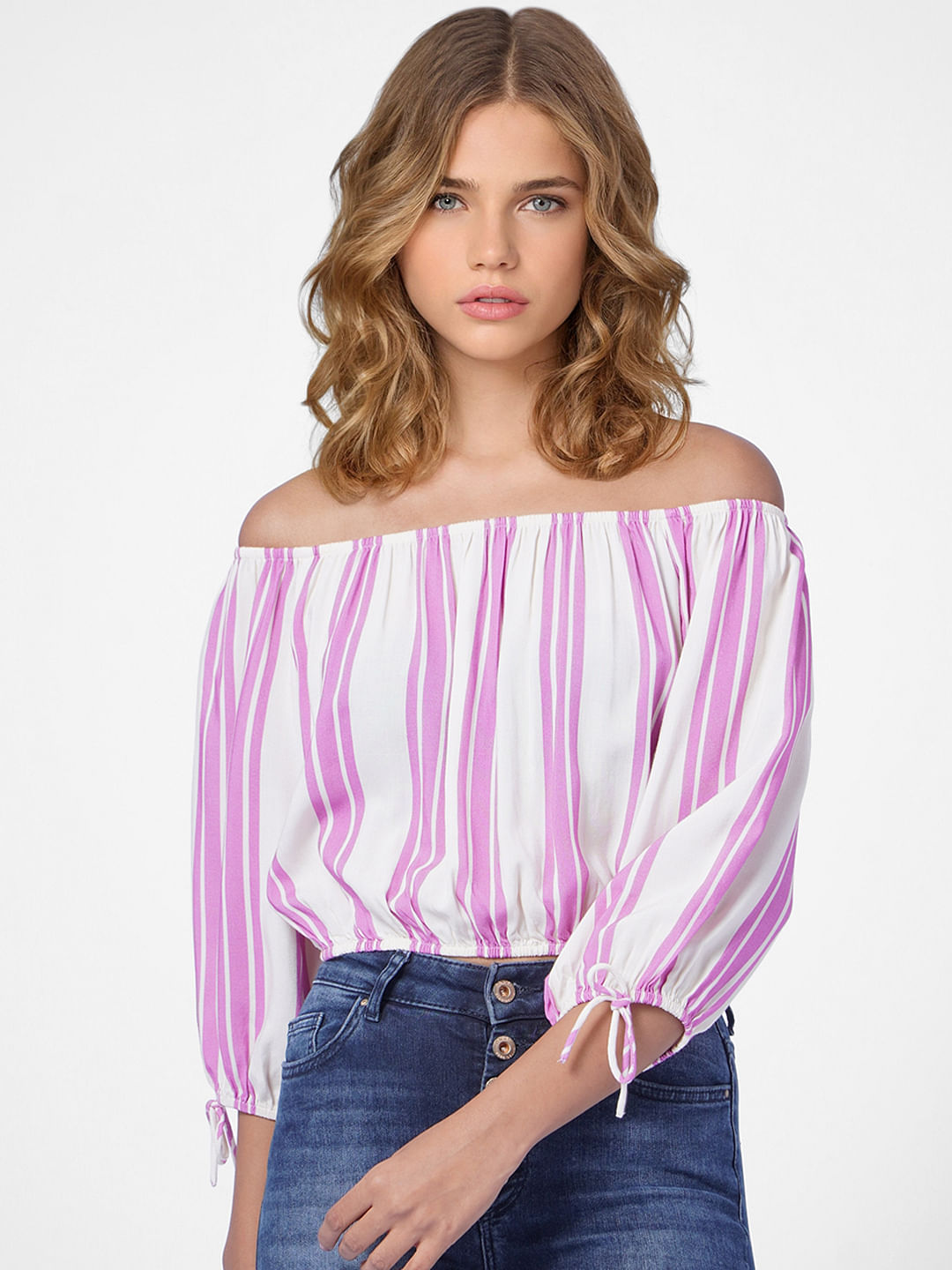 Beige Striped Off-Shoulder Top
