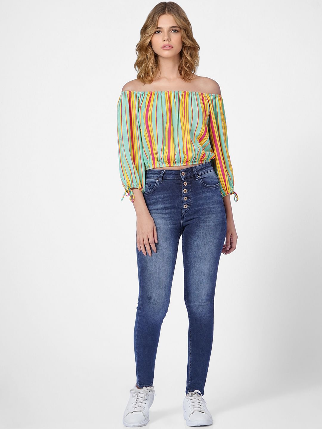 Green Striped Off-Shoulder Top