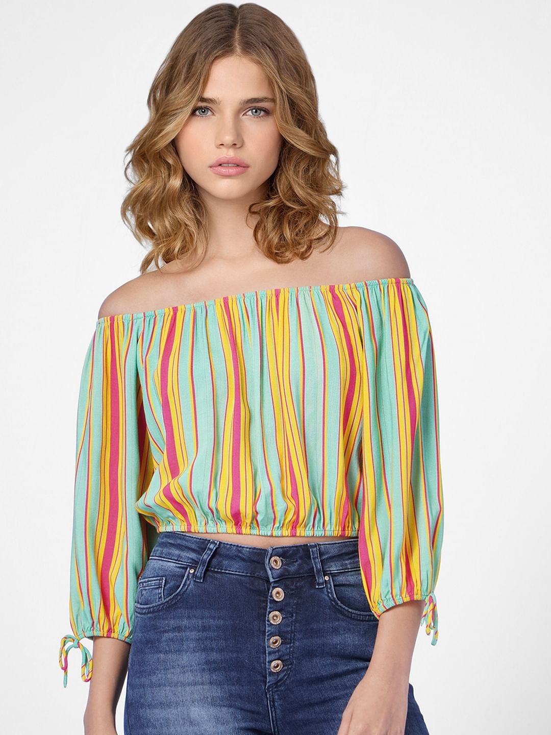 Green Striped Off-Shoulder Top