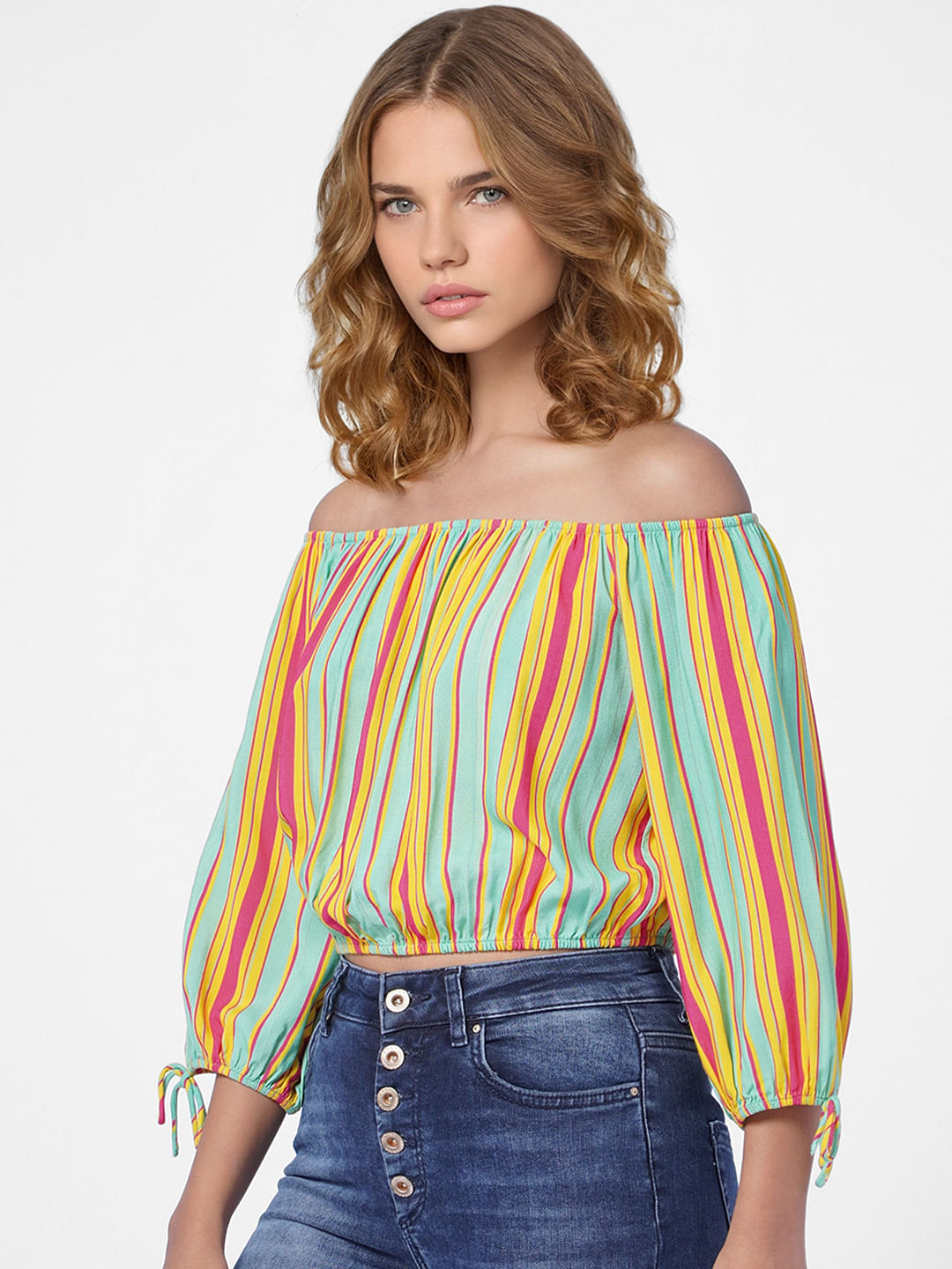 Green Striped Off-Shoulder Top