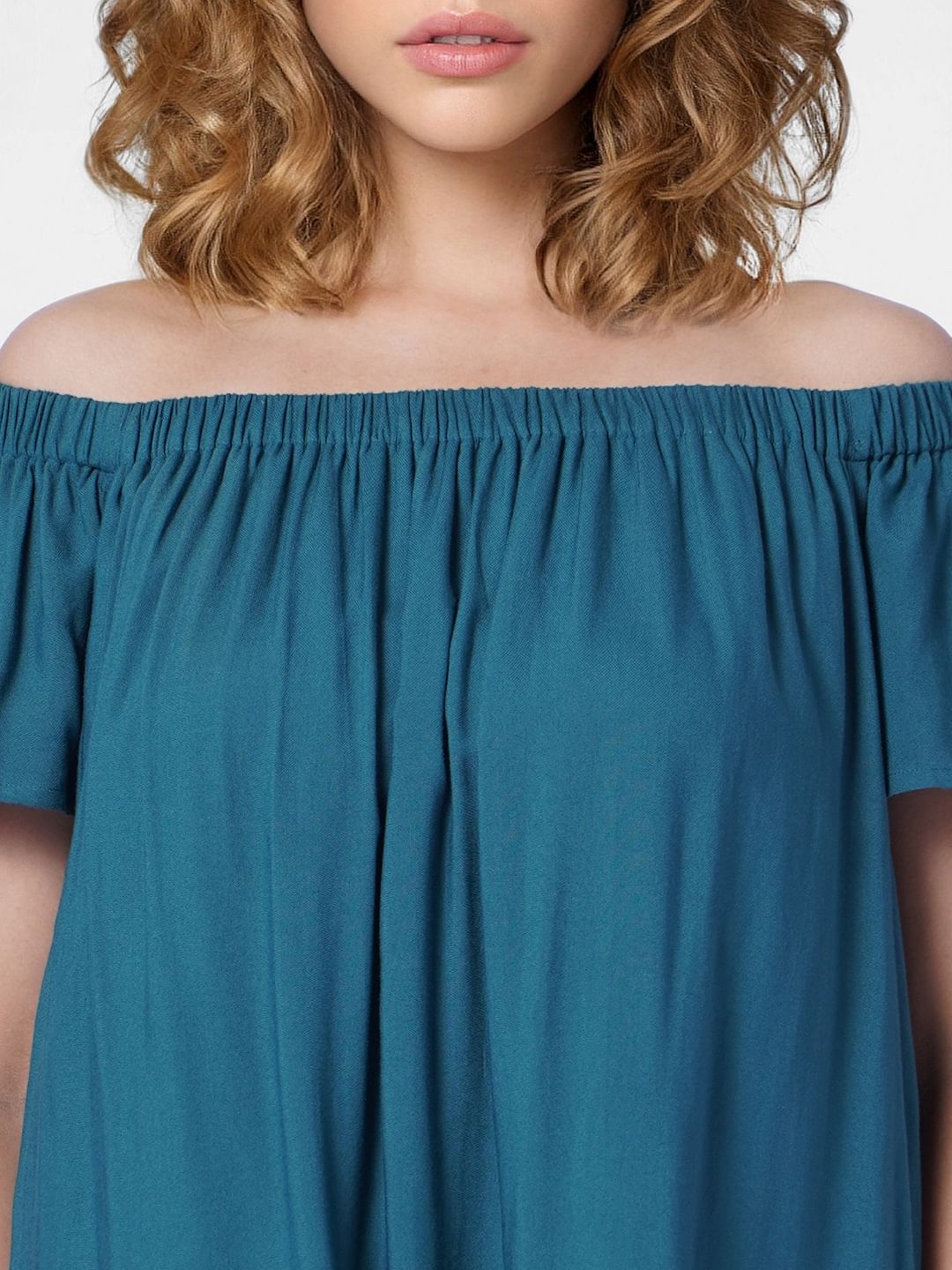 Deep Teal Off-Shoulder Shift Dress