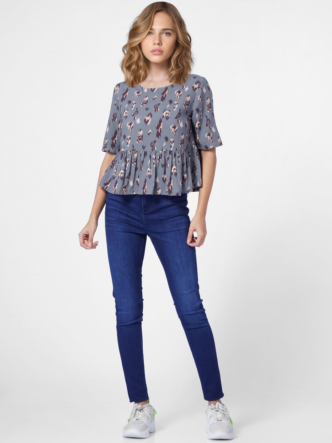 Dark Green Printed Peplum Top