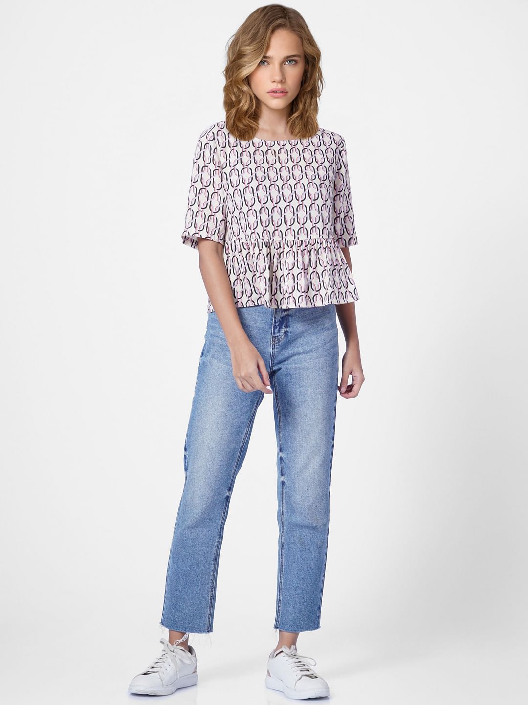 Beige All Over Print Peplum Top