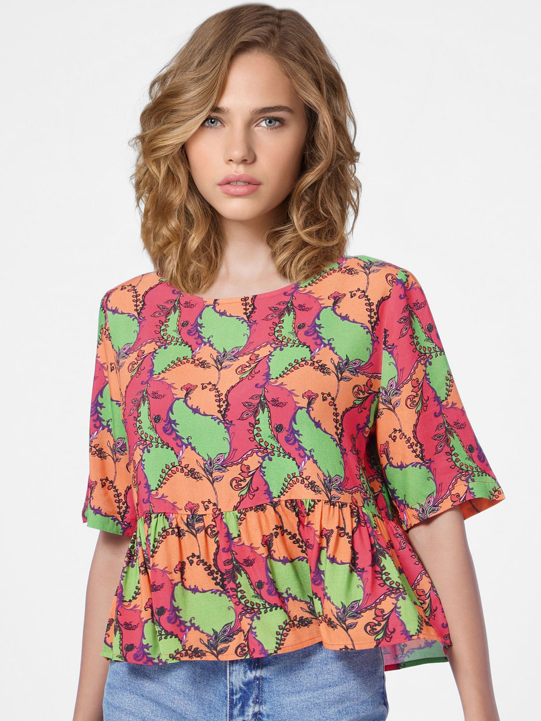 Red Abstract Print Peplum Top