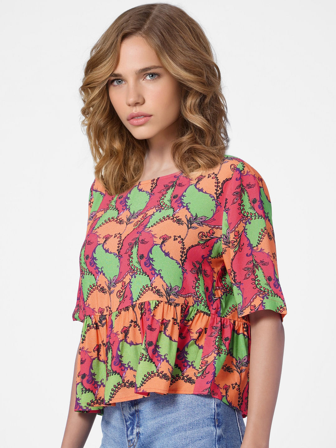 Red Abstract Print Peplum Top