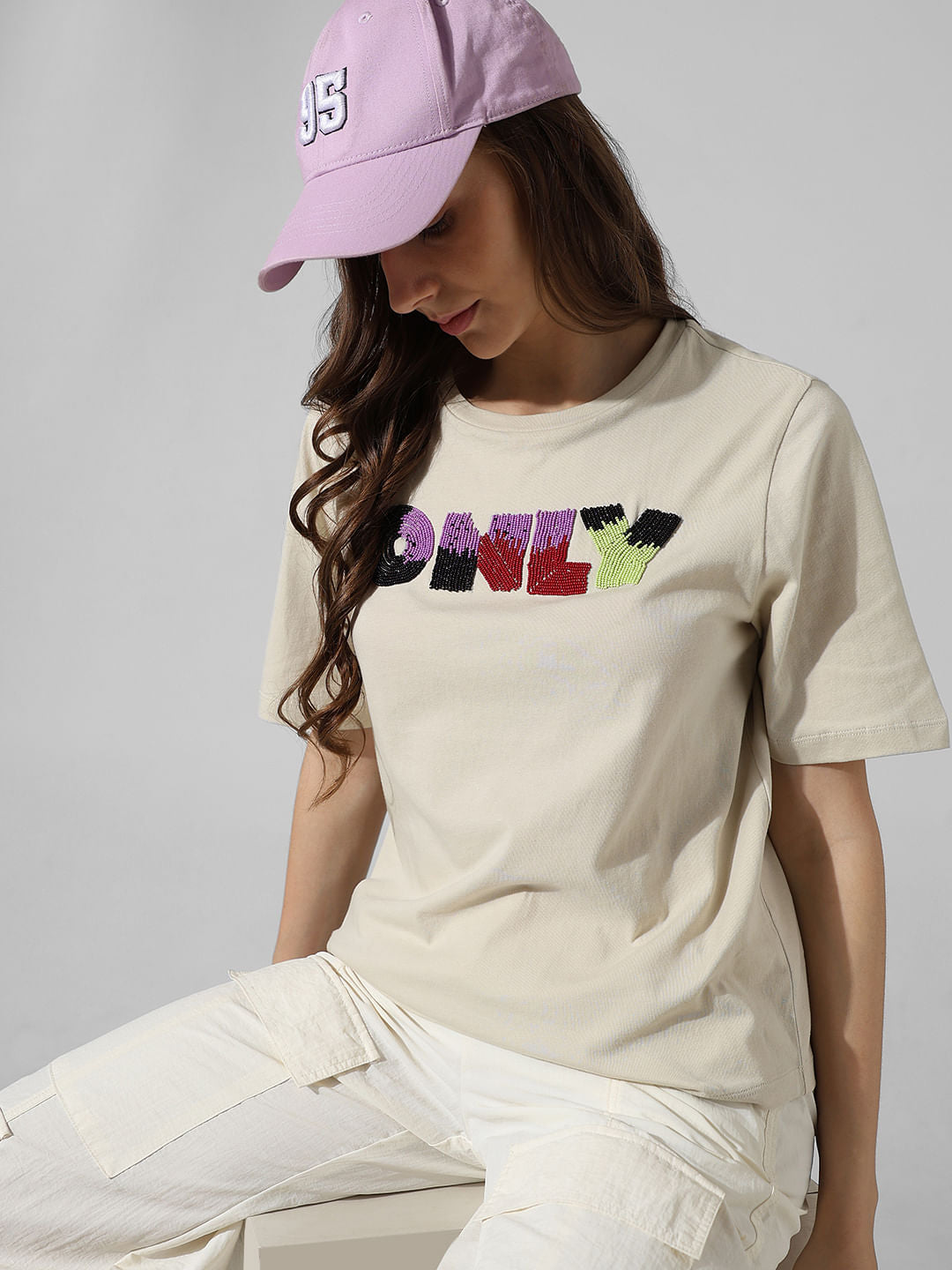 Beige Bead Decorated Cotton T-Shirt