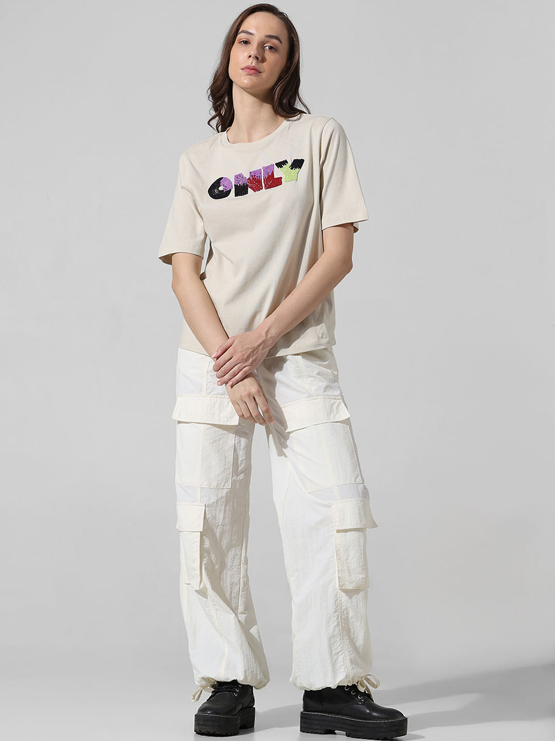 Beige Bead Decorated Cotton T-Shirt